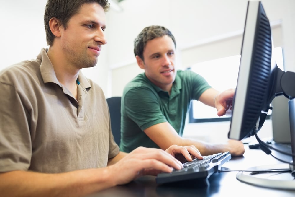 Smiling teacher showing something on screen to mature student in the computer room